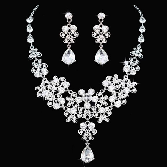 Prachtige Parel Bruiloft Bruids Sieraden Sets Vrouwen Bruid Bruiloft Sieraden Accessoires Tiara Kroon Oorbel Ketting: Imitation Rhodium Plated