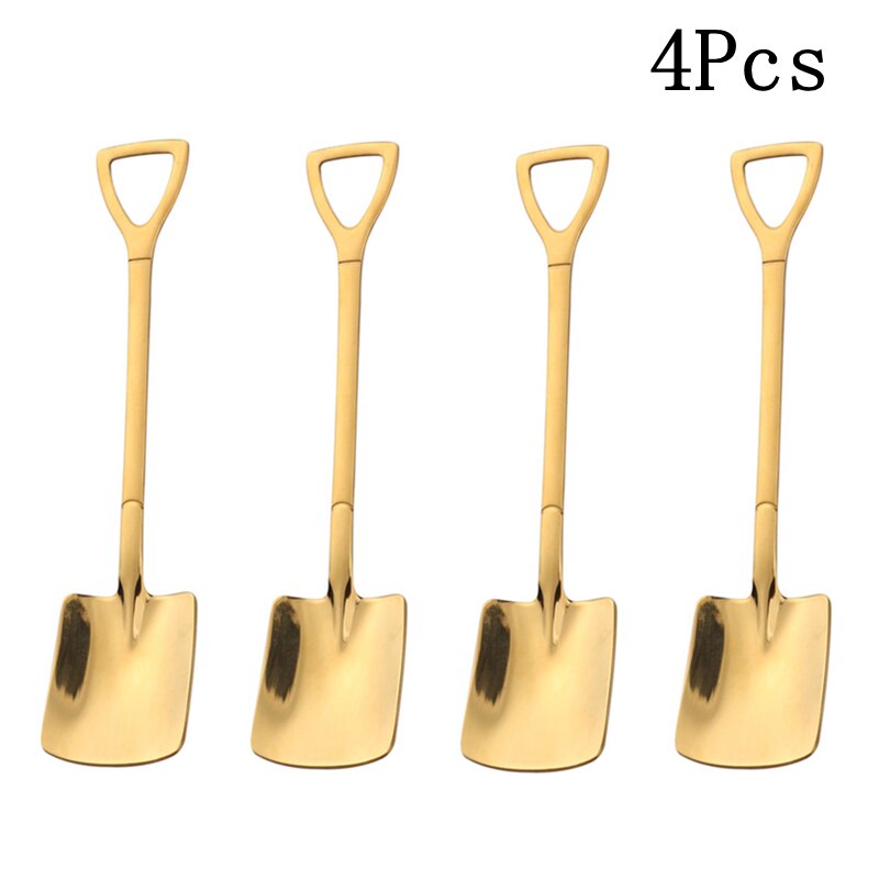 2/4PCS Coffee Spoon Cutlery Set Stainless Steel Retro Iron Shovel Ice Cream Spoon Scoop Spoon tea-spoon Tableware: 4Pcs Gold B