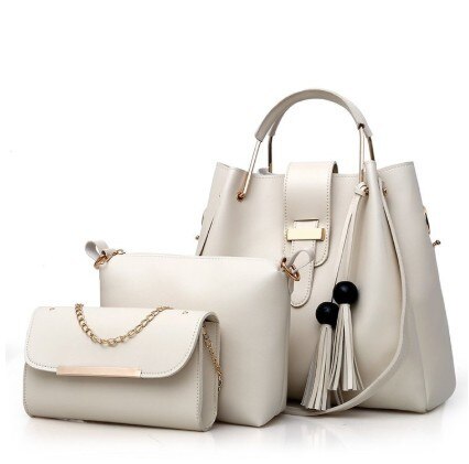 Three-piece Set Bags PU Leather Composite Luxury Bag Tassel Shoulder Messenger Bag for Women Handbag: WHITE