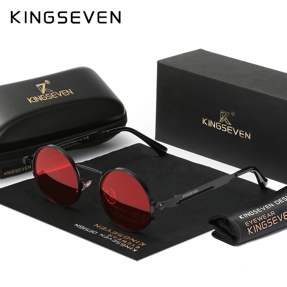 KINGSEVEN 2025 Trend Runde Sonnenbrille Polarisierte Männer Sonnenbrille UV400 gotisch Steampunk Stil Männlich Anti-Blendung Spiegel Objektiv: Burgunderrot