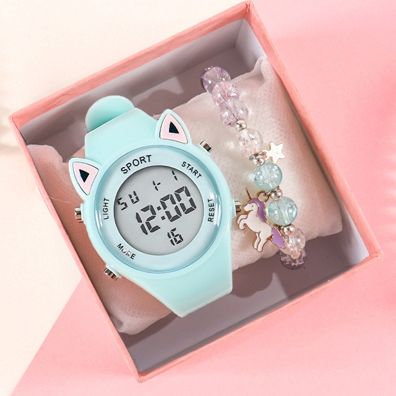 【Reloj + pulsera】Conjunto de pulsera electrónica de unicornio deportivo multifuncional de silicona con oreja de gato para niños: Azul oscuro