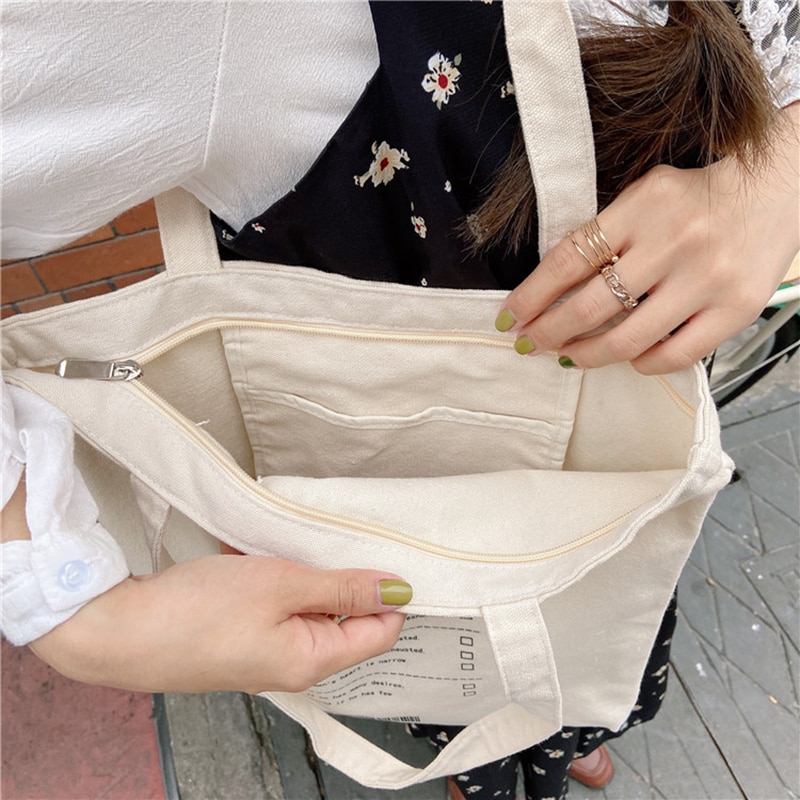 Youda canvasväska bomull enkelt tecknat tryck dragkedja shoppingpåsar flickor enfärgad life casual pack handväska