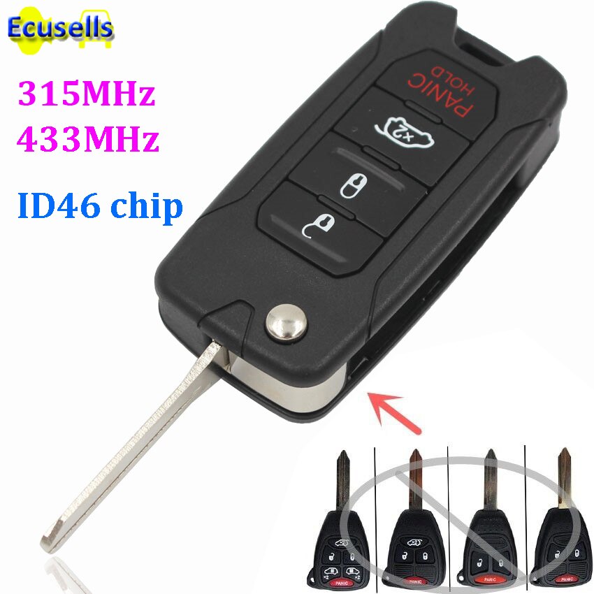 Gewijzigd Ongecensureerd Flip Remote Key Fob 3 + 1 Knop 315 Mhz 433Mhz Met ID46 Chip Voor Dodge voor Chrysler Voor Jeep Fcc Oht