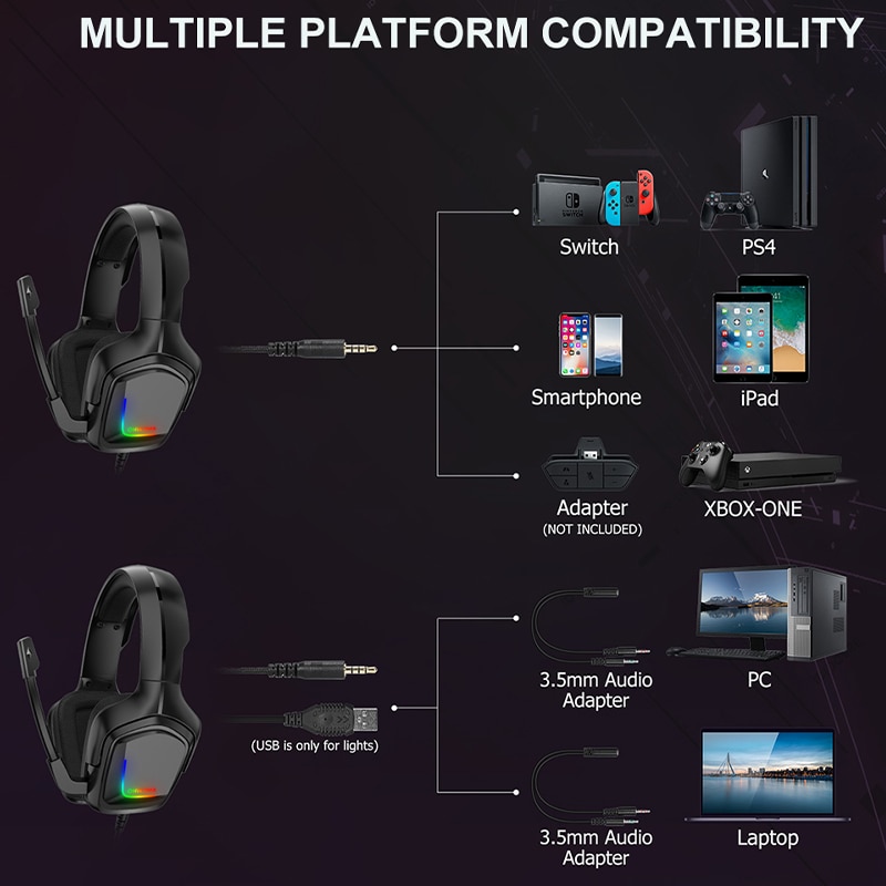 Onikuma  k20 ps4 gaming headset met usb-kabel, 3.5mm stereo hoofdtelefoons met microfoon, led-lampje, oortelefoon voor pc, laptop, tablet, gamer
