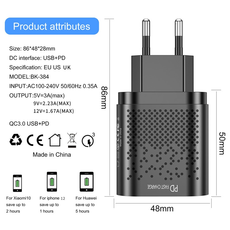 PD 20W USB Type C Charger For iPhone 13 12 Pro Max Mini Quick Charge 3.0 QC USB C Fast Charging Travel Wall For Xiaomi Samsung