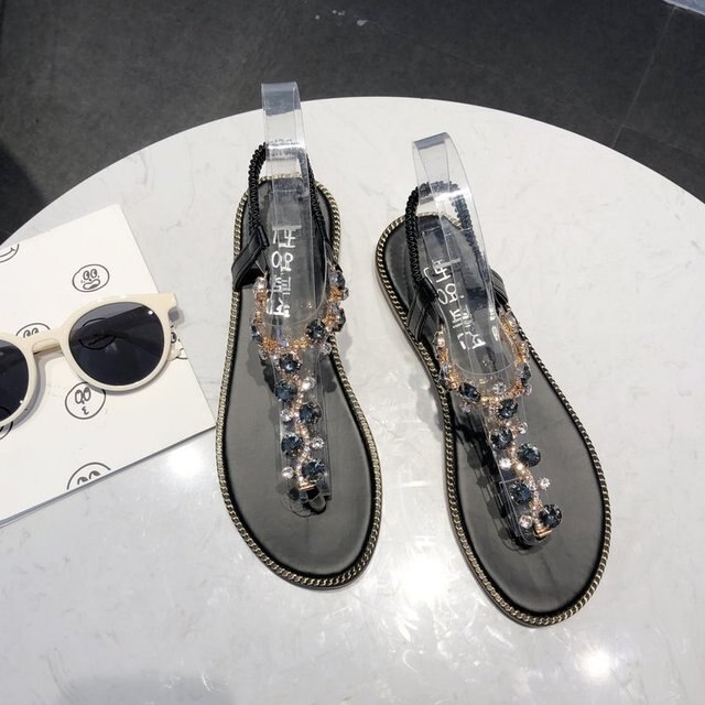 Zomer Schoenen Vrouwen Platte Sandalen Slippers Vrouwen Schoenen Kristal Mode Strand Dames Sandaal Vrouwen Big Size Sandalia Feminina: Black / 5