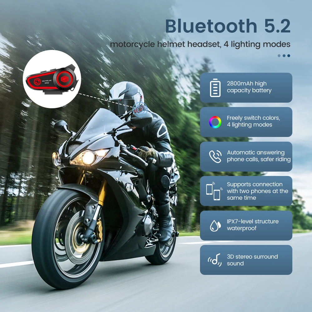 GEARELEC DK02 auriculares para casco de motocicleta auriculares estéreo Bluetooth IPX7 impermeable 2800mAh batería luz ambiental tricolor