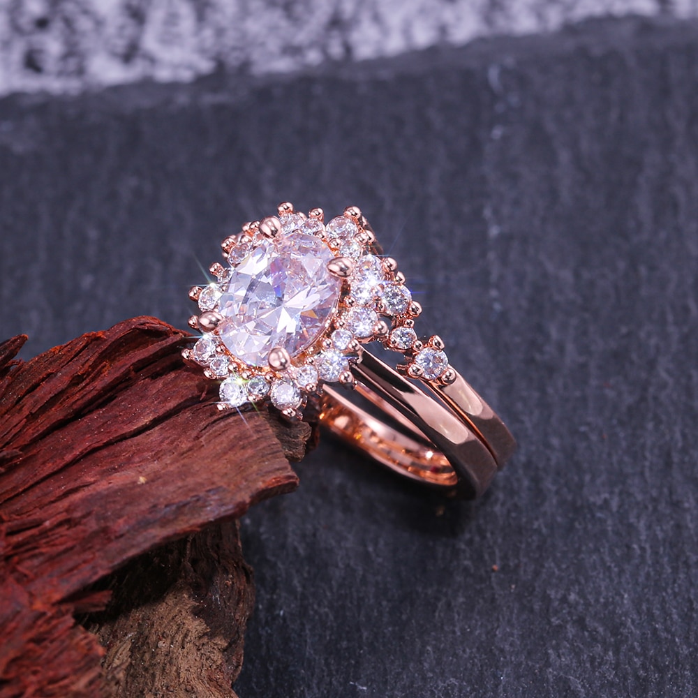 Huitan Neue 2PC Braut Ring Sets Ziemlich Sonne Blume Geformt Rose Gold Hochzeit Engagement Ringe Für Weibliche Mit klar Stein