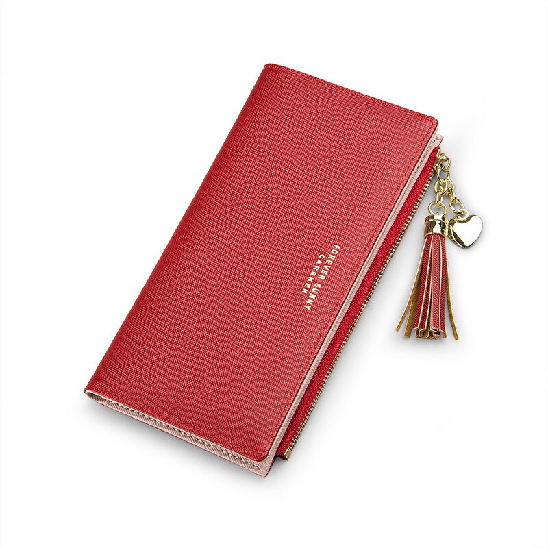 Kvast kvinders lange søde tegnebog læder kvast tegnebøger lynlås portefeuille kvindelig kobling cartera mujer: Rød
