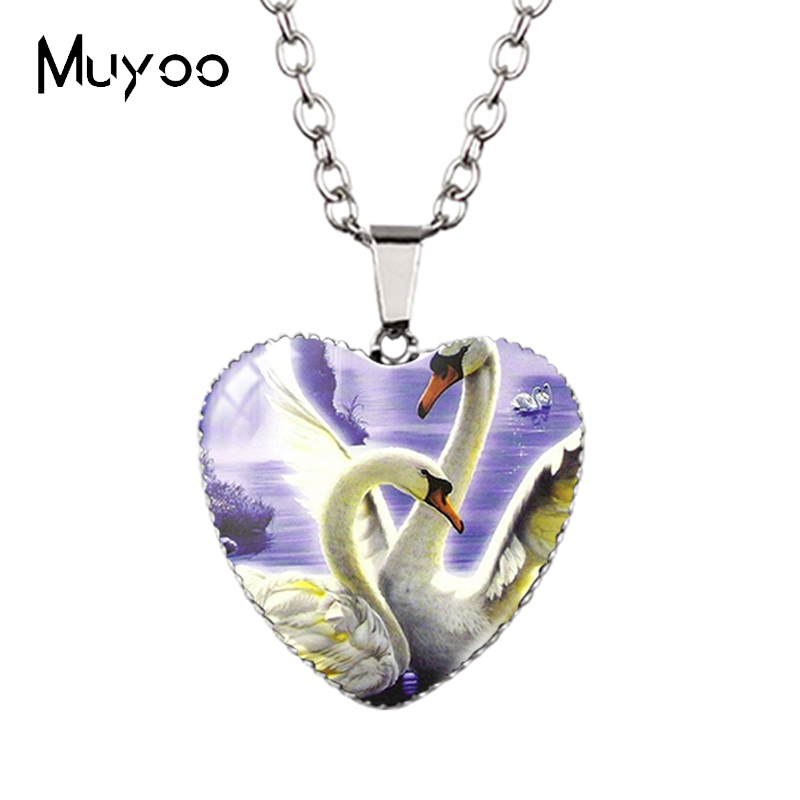 Landscape Animal Swans Butterflies Peacock Oil Painting Handcraft Heart Jewelry Pendant Necklace HZ3: Gold-color