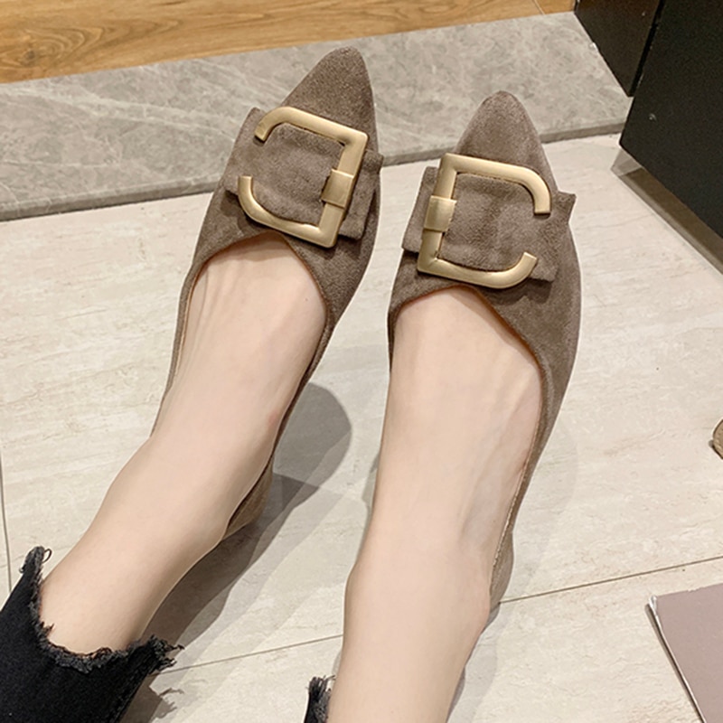 Spring Women Flats Black Pointed Toe Ballet Flats Metal Boat Shoes Woman Flock Casual Shoes Female Loafers Blue Khaki 7952C