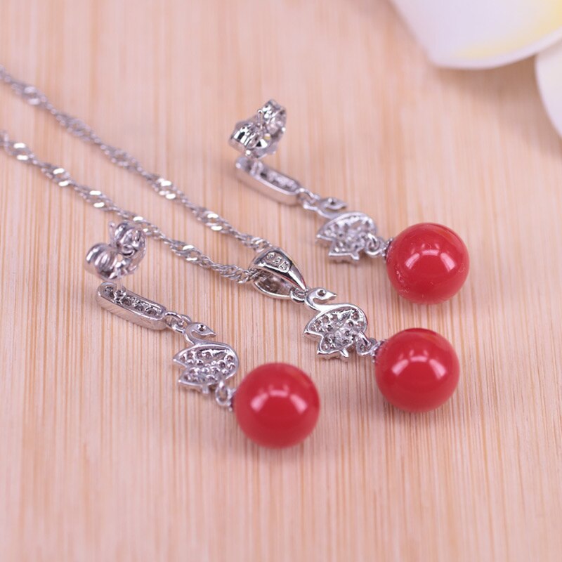 Big Many Colors Swan Silver Color Jewelry Set Stud Earrings Necklace With Pendant Pretty Best For Love: red