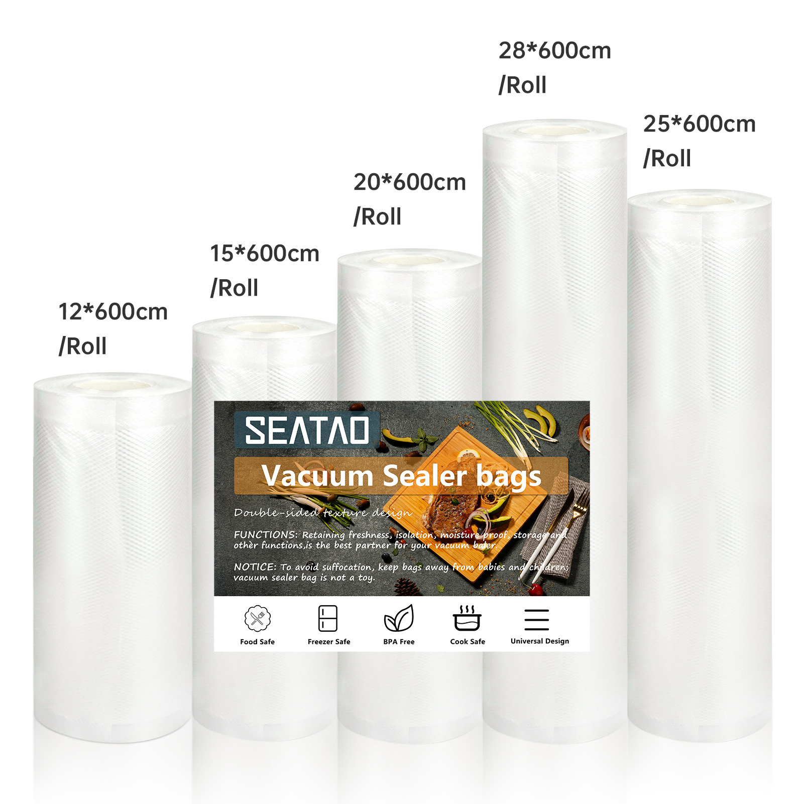 Worki próżniowe SEATAO do żywności Zgrzewarka próżniowa Żywność świeża, długa przechowywanie 12+15+20+25+28cm*600cm Rolki/partia worków do pakowania próżniowego: Beżowy