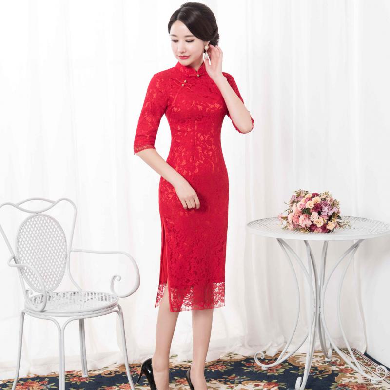 Sexy kanten jonge dame dobby cheongsam chinese traditionele mandarijn kraag vintage qipao slanke middellange vestidos oversized