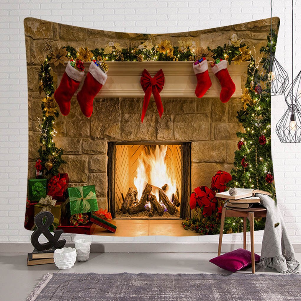 Xmas Fireplace Backdrop Christmas Tree Photography Background Party Banner Home Decoration