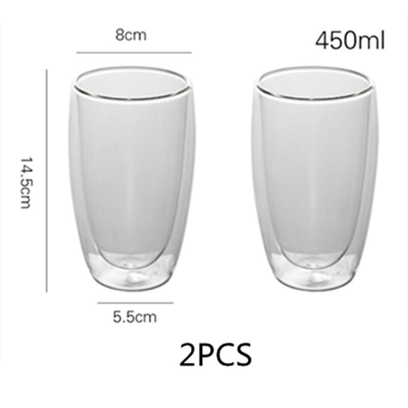 Dobbeltvegget Glasskopp Sett 80-450ml - Håndlaget Te, espresso Krus - Gjennomsiktig: 2 stk -450ml