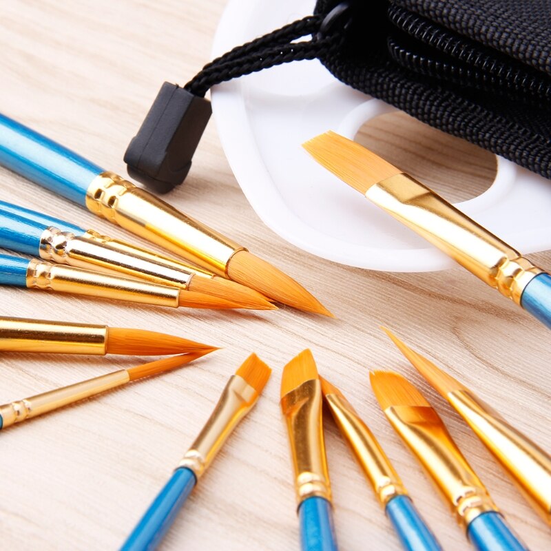 Art 12Pcs/Set Paint Brush Set and Palette With Carrying Case for Watercolor Brush Oil Acrylic Drawing Painting Nylon Hair