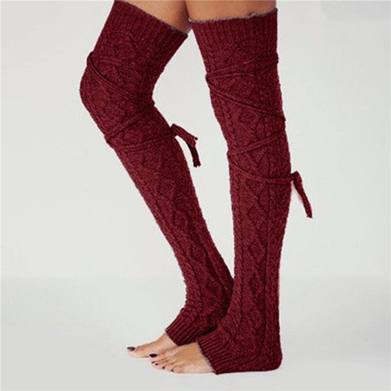 Winter Women Long Leg Warmers Knitted Knee High Stocking Solid Thermal Beenwarmers Ladies Leg Warmers: Wine red
