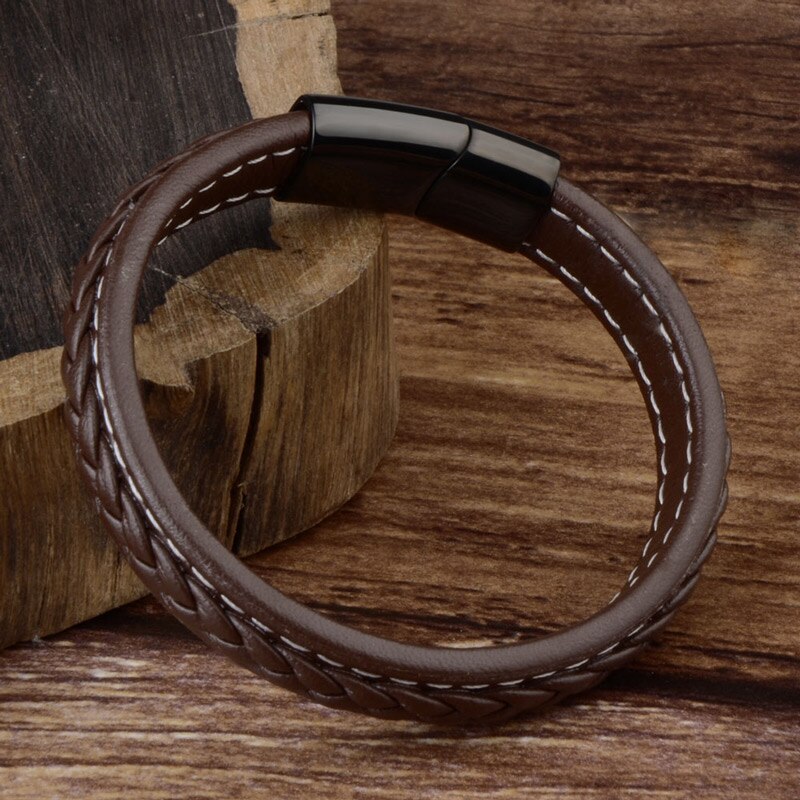 Stainless Steel Leather Bracelet Magnetic Clasp Charm Handmade Braided Accessories For Men