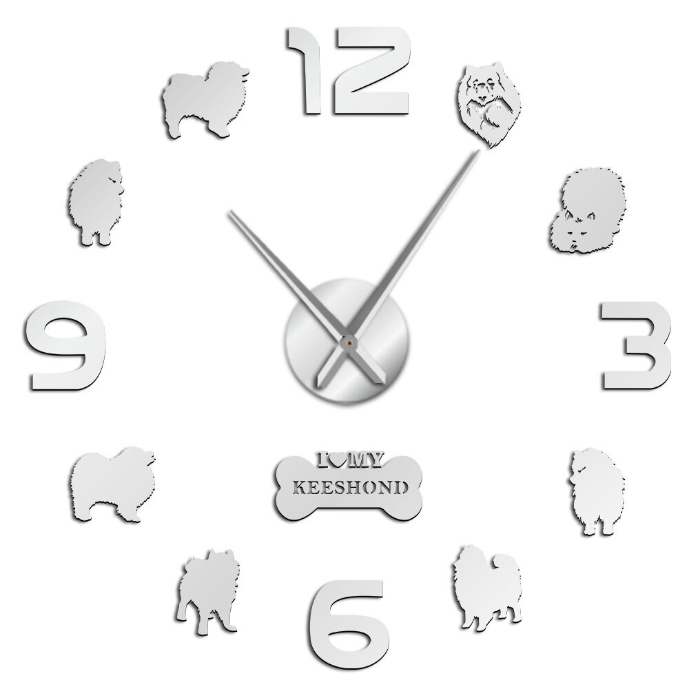 Keeshond-Reloj de pared grande para hombre, reloj de pared grande 3D con de perro barcaza holandesa, sonriente, alemán, Spitz, Deutscher, Wolfspitz, Kees: Silver / 37inch