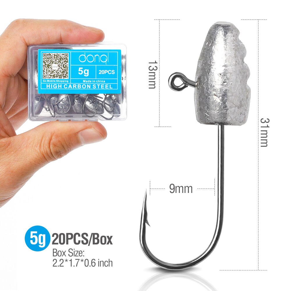 Donql 20 stk/ kasse med modhager fiskekroge bly jighoved fiskekrog til blød orm lokker 3g 5g 7g 10g karpe fiskekroge: 5g