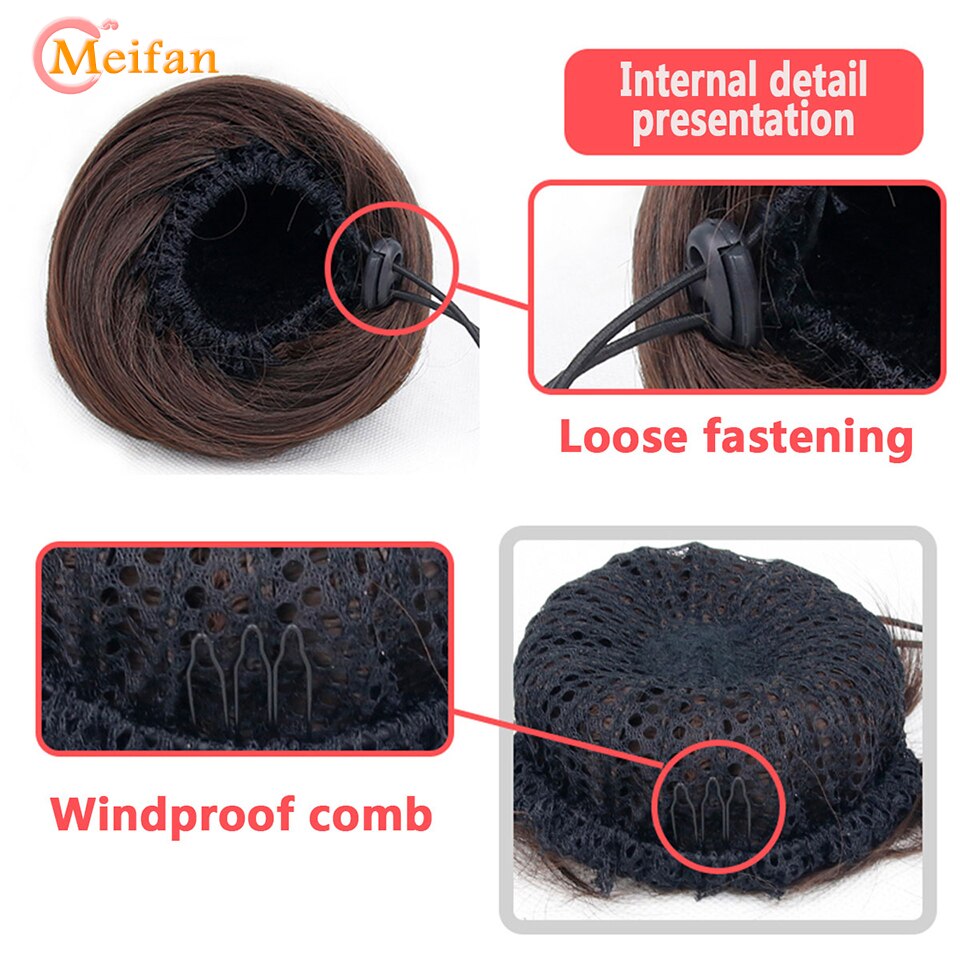MEIFAN Synthetic Rubber Band Drawstring Hair Bun Straight Short Hair Buns Dount Chignon Updo Cover Ponytail Extensions