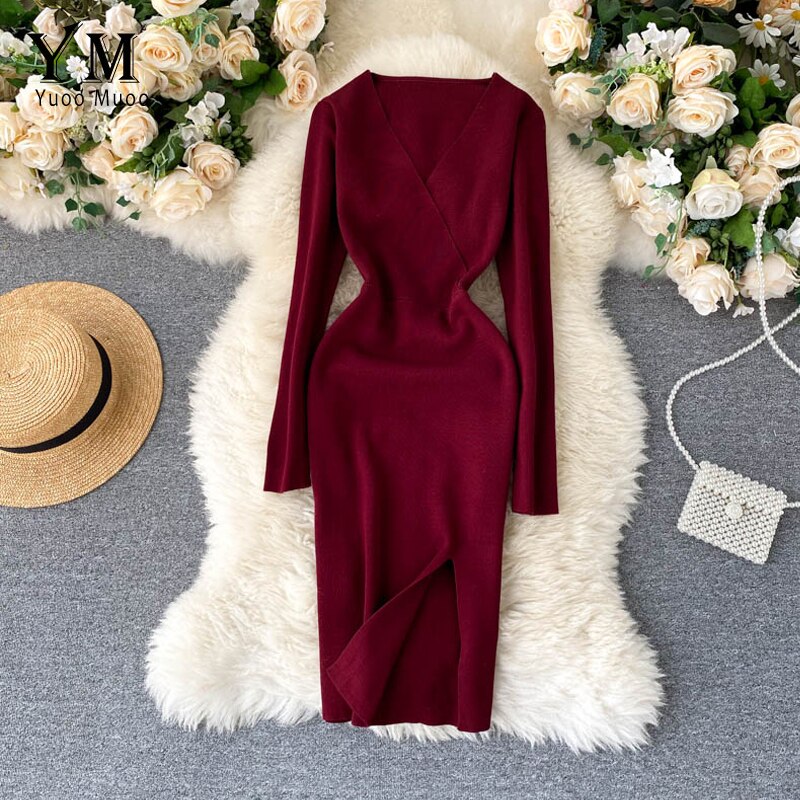 Yuoomuoo Gebreide Jurk Vrouwen Herfst Winter Eenvoudige V-hals Split Bodycon Jurk Elegante Knielange Werk Jurk Dames Jurk Vestido