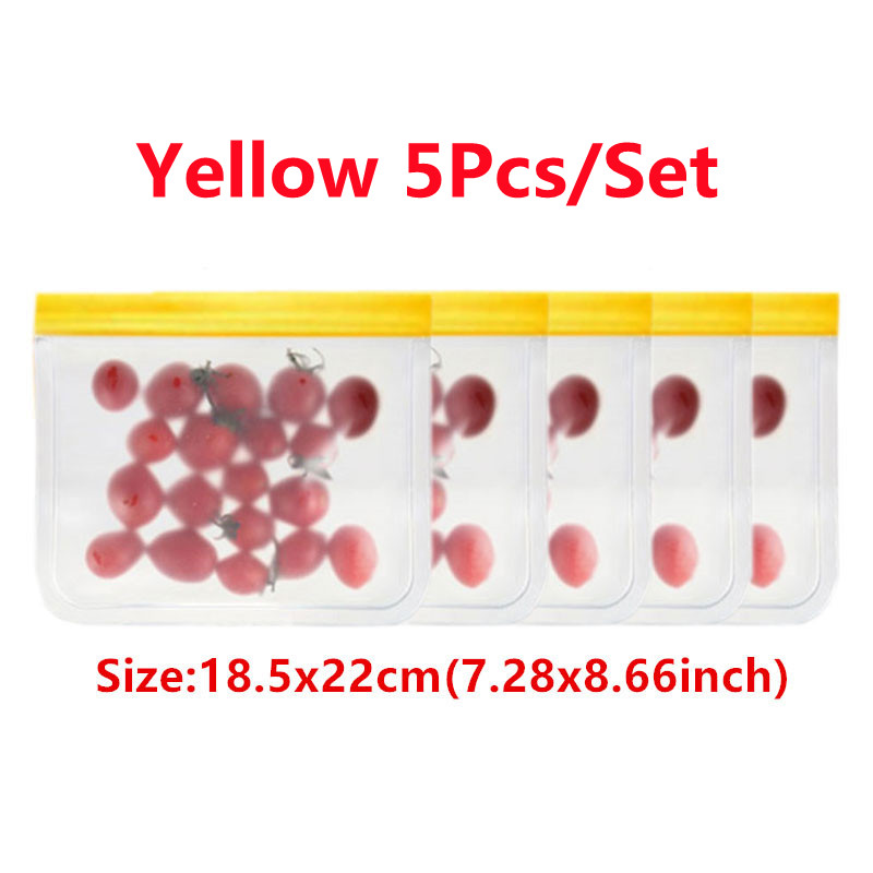 Juego de Bolsas de Silicona para Alimentos, Conjunto de Empaques con Sello, Ideal para Almacenamiento y Conservación Fresca de Frutas y Verduras, Reutilizable, A Prueba de Fugas, Estilo Bolsa Ziploc, 14 Piezas: 5Pcs Yellow