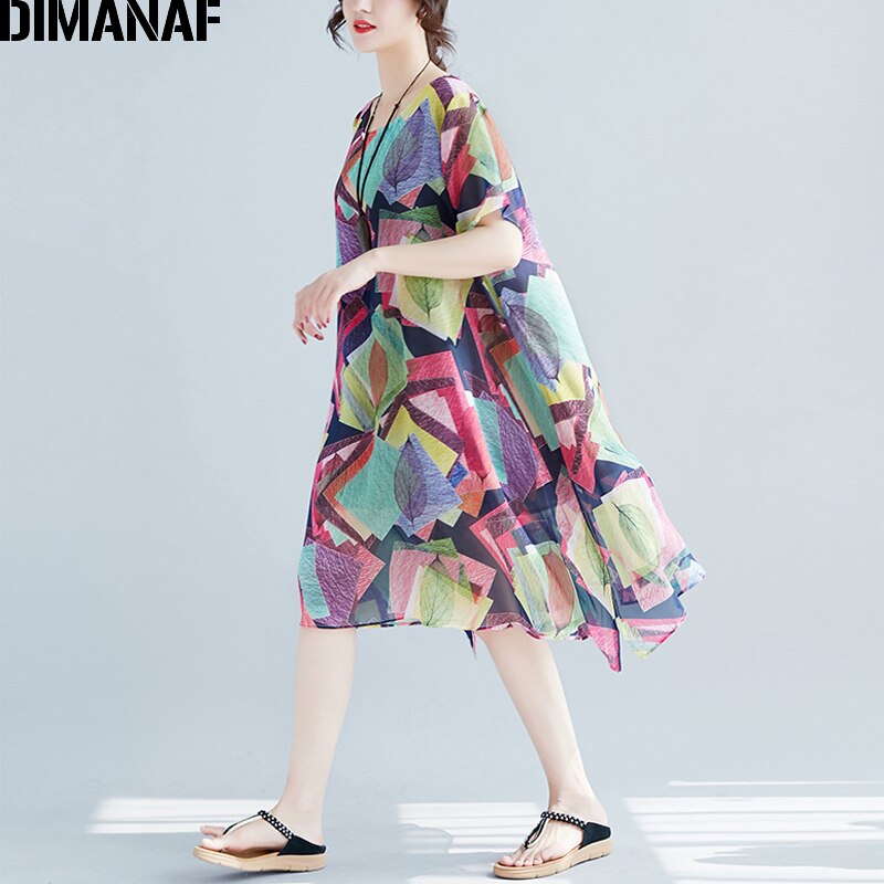 DIMANAF Women Dress Summer Plus Big Size Chiffon Hawaiian Lady Vestidos Print Panelled Female Casual Beach Sundress
