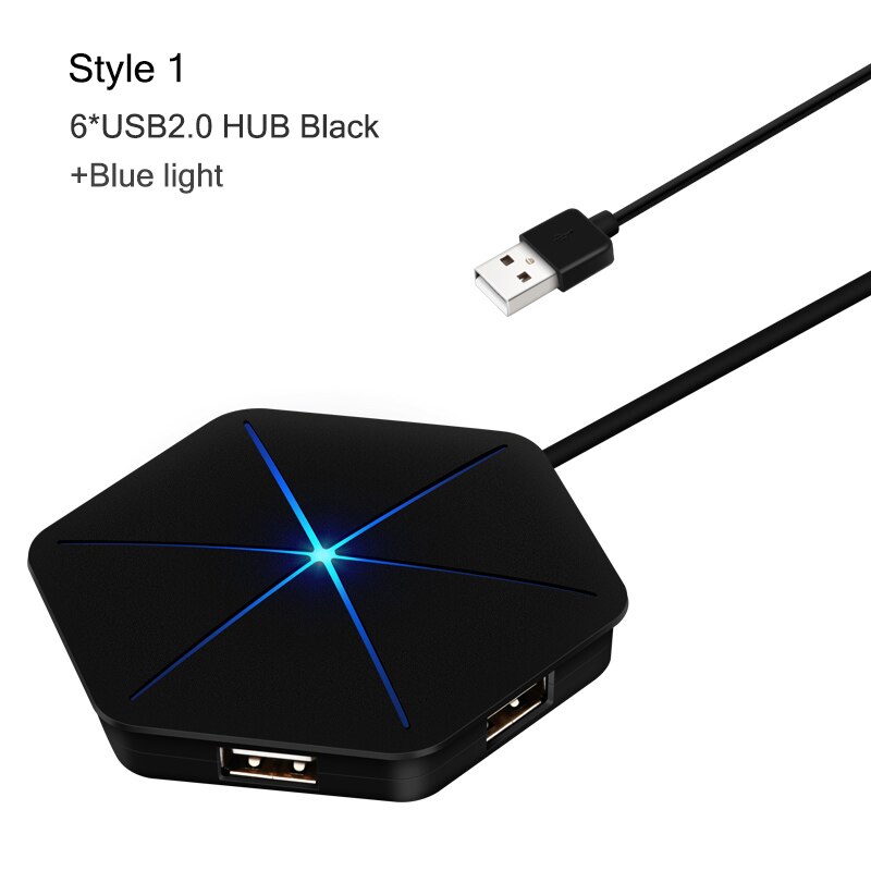 Répartiteur OTG 6 ports USB Hub, 7 modèles, avec lecteur de carte SD TF, lumière RGB Cool, USB 2.0 3.0, pour ordinateur de bureau et portable: S1 Black USB2.0