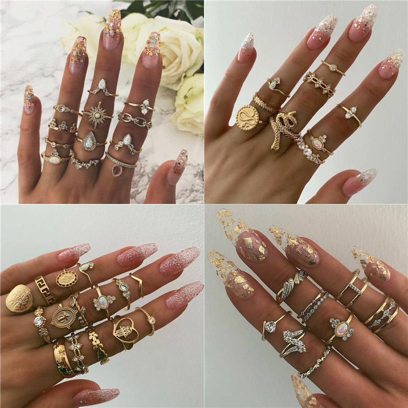 15 stks/set Vrouwen Mode Ringen Harten Fatima Handen Virgin Mary Cross Leaf Hollow Geometrische Crystal Ring Set Bruiloft Sieraden