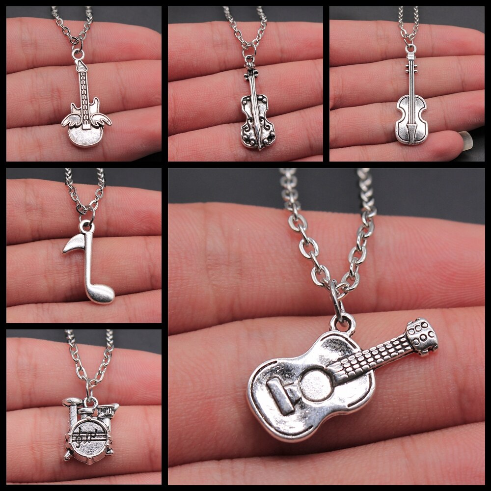 Musical Jewelry For Women Men Girl Boys Musical Note Microphone Drum Guitar Violin Pendant Necklace Antique Silver Color