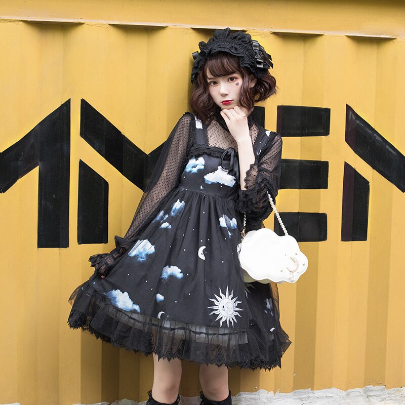 Dark Lolita Sterrenhemel Gradiënt Wolken Kawayi Jurk Originele Loli Js Mouwloze Sling Jurk Leuke Meisje Konijn Ondergoed Pak: M