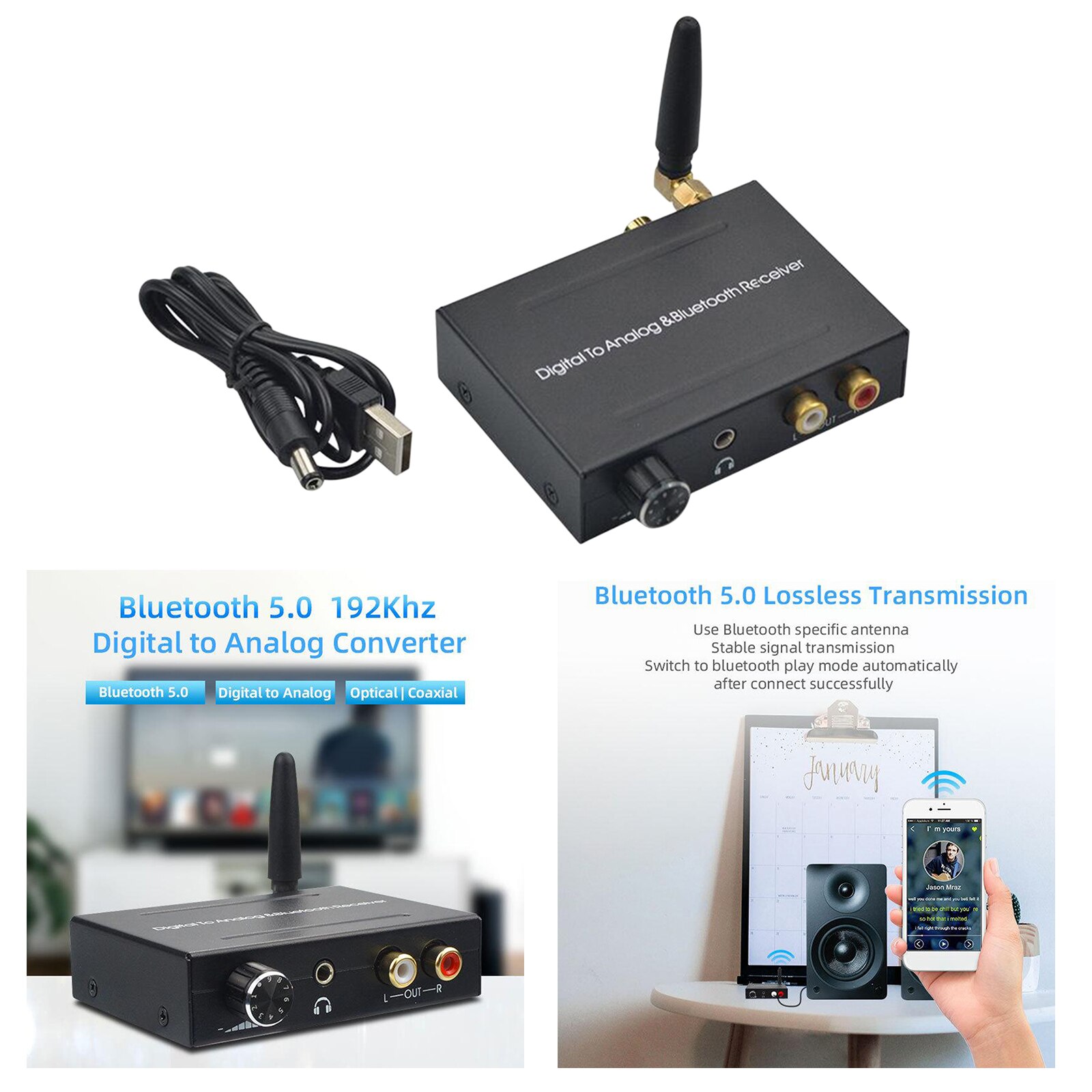 192kHz Digital to Analog Converter with Bluetooth Receiver Built-in Bluetooth V5.0 DAC Adapter Supports 3.5mm Audio Output