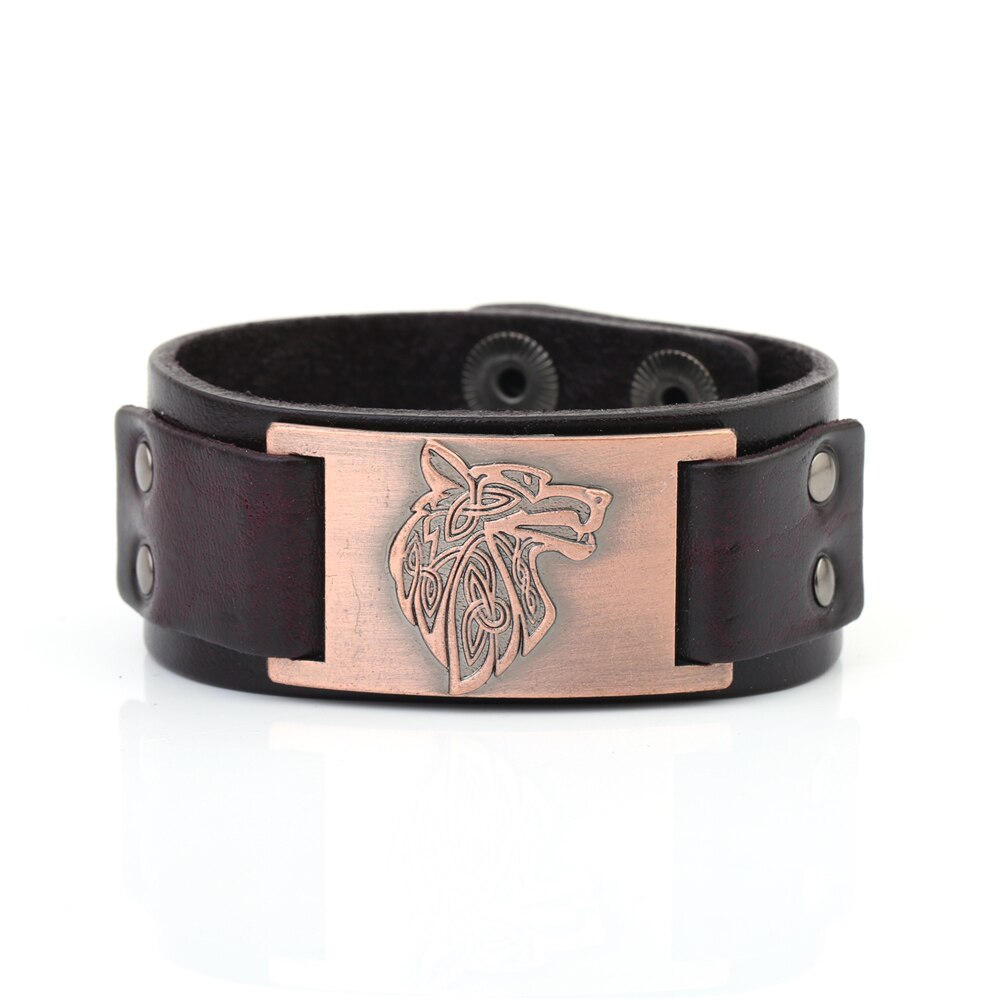 Dawapara Viking Wolf Hoofd Armband Voor Mannen Badge Charm Punk mannen Zwart Lederen Armband Brede Leren Armbanden Voor Vrouwen