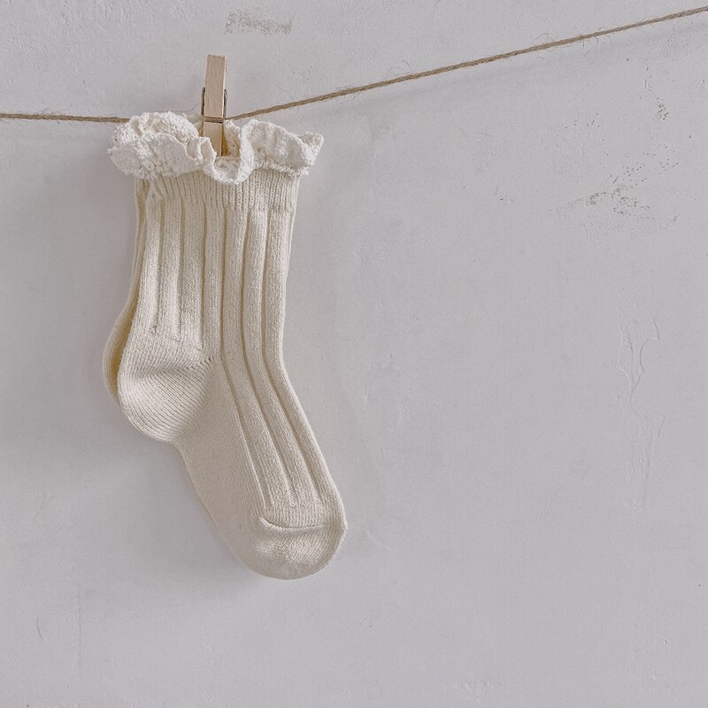 Chaussettes genoux pour filles en dentelle de coton, automne et hiver, pour enfants en bas âge, tendance, de couleur solide: white / L for 6 to 8T
