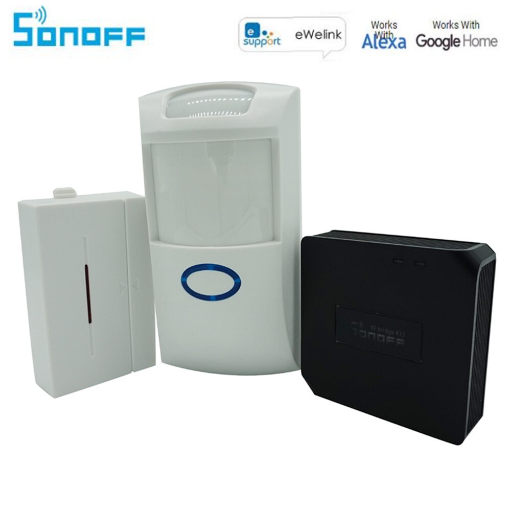 Sonoff rf bridge 433+ pir 2 sensor + dw1 dør- og vinduesalarmsensor smart hjemmeautomatisering fungerer sikkerhedsalarmsystem med alexa: Rf bridge  dw1 pir 2
