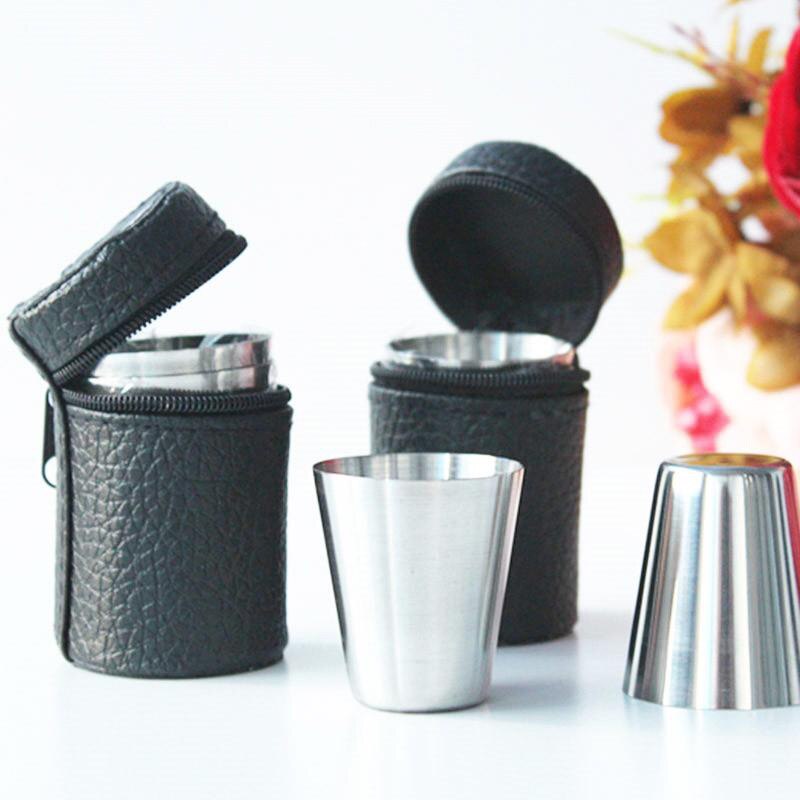 4pcs/set Polished Mini 30ml Stainless Steel Wine Drinking Shot Glasses Barware Cup With Zipper Cup Sleeve