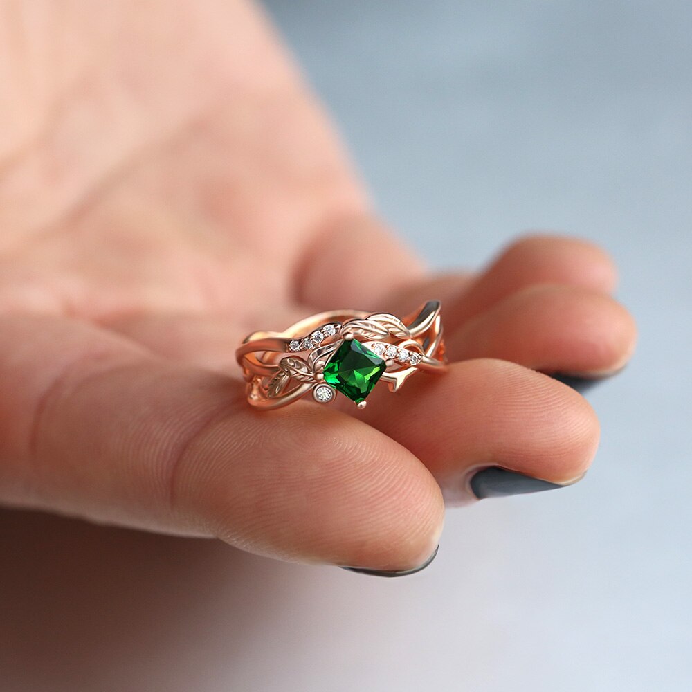 Huitan – bague de fiançailles motif plante romantique, anneau irrégulier avec pierre de Zircon cubique verte gémétrique, de bande de feuilles fraîches, tendance