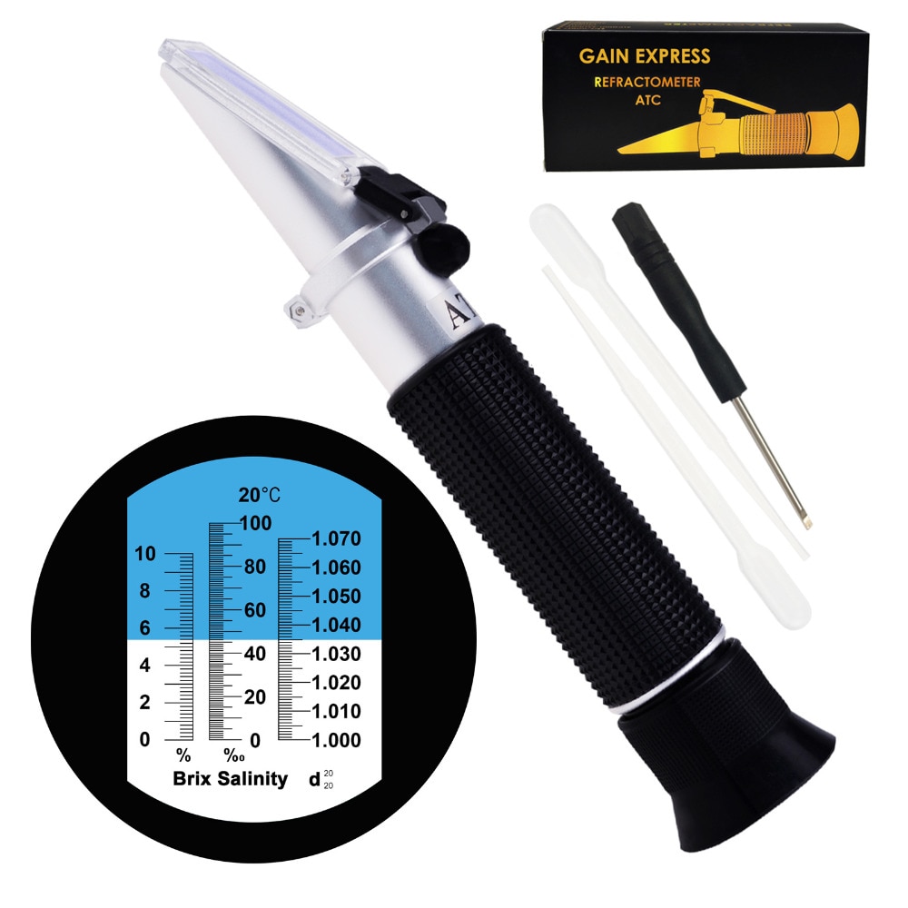 Tri-Scale Refractometer ATC Brix 0-10%/ Salinity 0-100PPT/ Specific Gravity 1.000-1.070 Hydroponic Aquarium Control Monitoring