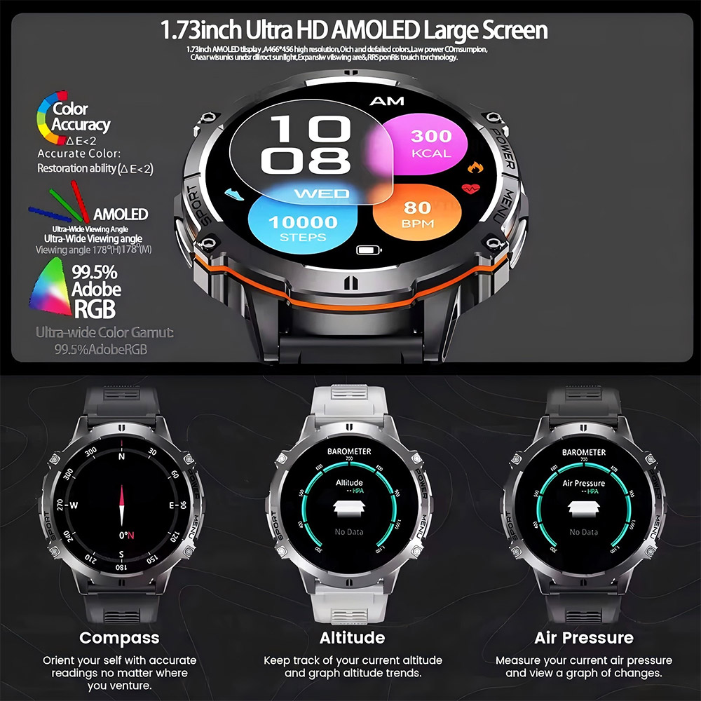 2025 novos homens gps esportes relógio inteligente 1.73 ''amoled bússola freqüência cardíaca 1000mah bateria bluetooth chamada 10atm à prova dwaterproof água smartwatch