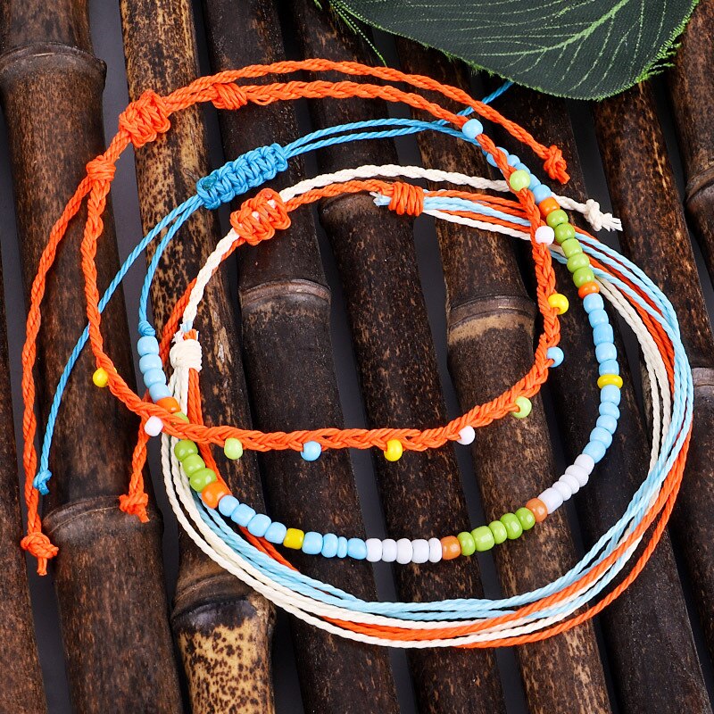 Meetvii 3 Stks/set Bohemian Enkelband Seedbeads Wax Lijn Handgemaakte Weave Enkelband & Armband Vrouwen Sieraden