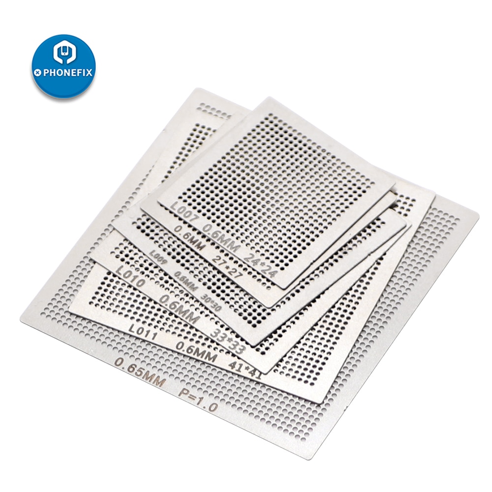 Bga reballing stencil universal kit 18 st 0.3/0.35/0.5/0.55/0.6/0.76mm reballing nät för telefon ic lödning reparation