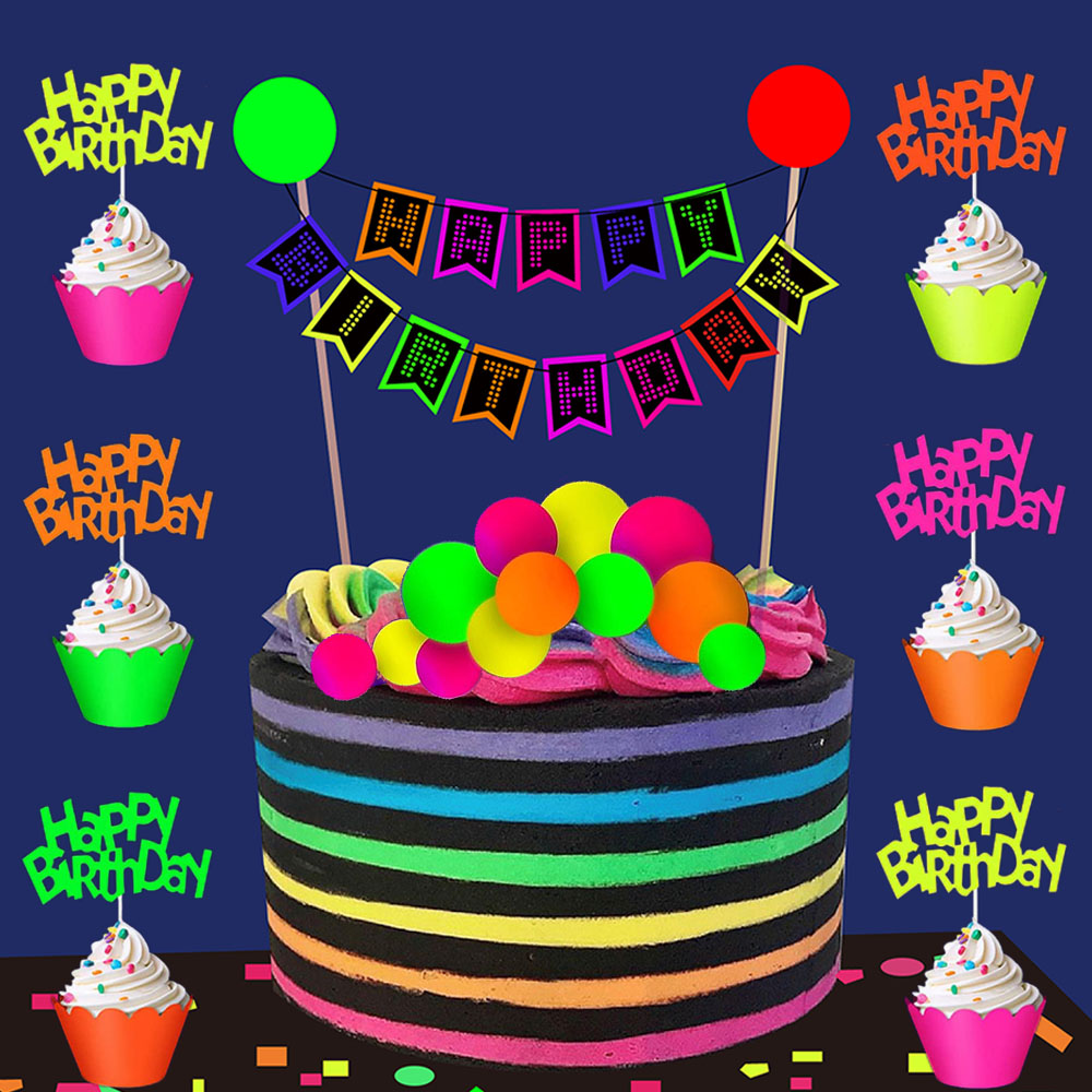 Decorações de bolo de festa de néon brilhante, banner de feliz aniversário, topper de bolo que brilha no uv, luz preta, suprimentos de festa reativos, aniversário de néon