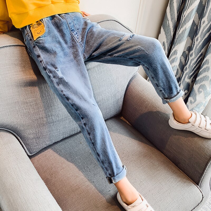 enfants pantalons jean bébé filles automne Denim pantalon déchiré jean cassé trou coton doux étudiant filles vêtements ours crayon pantalon