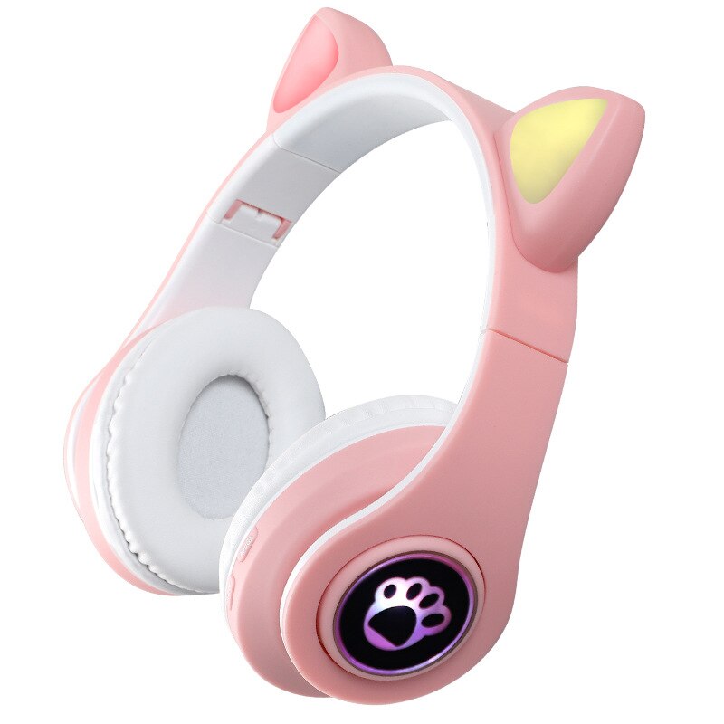 Flash Light Cute Cat Ears Bluetooth Wireless Headphone with Mic Can control LED Kid Girl Stereo Music Helmet Phone Headset: Pink