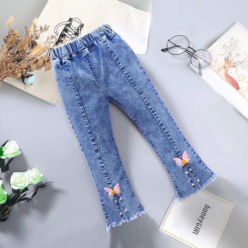 Meisjes Leuke Boog Blauw Jeans Lente Herfst Kinderen Bovenkleding Broek 2022 Denim Flared Broek Zachte Comfortabele Kinderen Broek