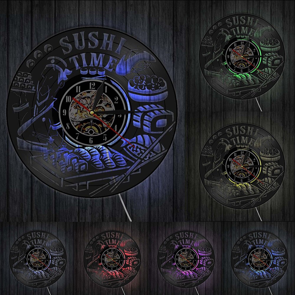 Sushi Time Antique Wall Clock Japanese Dish Foodie Vinyl Record Clock Sashimi Asian Restaurant Wall Roll Clock Sign Gourmet: With LED