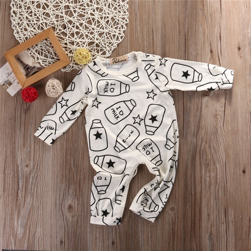 0-12M Summer Baby Boy Milk Bottle Romper Girls Long Sleeve Jumpsuit Infant Clothes Kids Outfit Set For Newborn