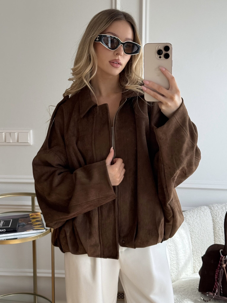Chaqueta bomber de ante sintético de gran tamaño para mujer de ZBZA, con solapa con textura de ante, mangas largas de murciélago y dobladillo plisado, chaqueta bomber holgada, nueva prenda exterior vintage para mujer